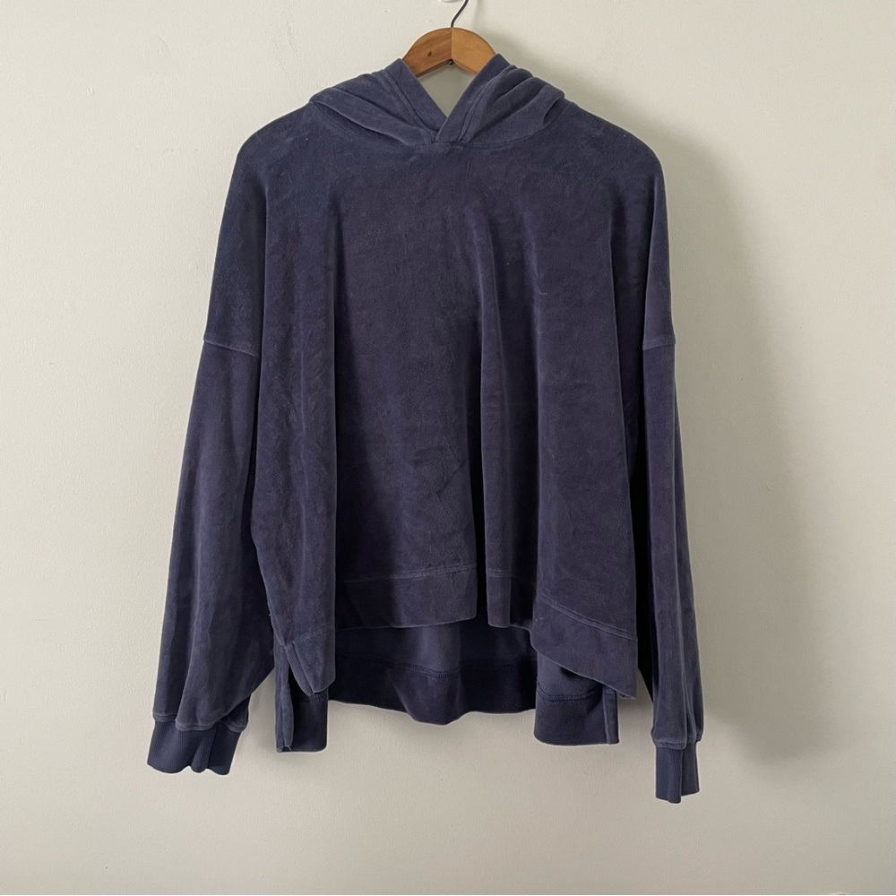 Aerie Muted Navy Blue Velour Cropped Long Sleeve Oversized Hoodie Sweatshirt XL